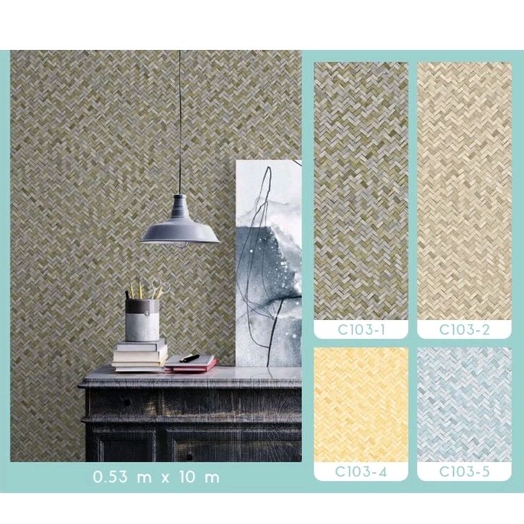 Wallpaper Dinding Premium motif anyaman bambu cream coklat biru natural