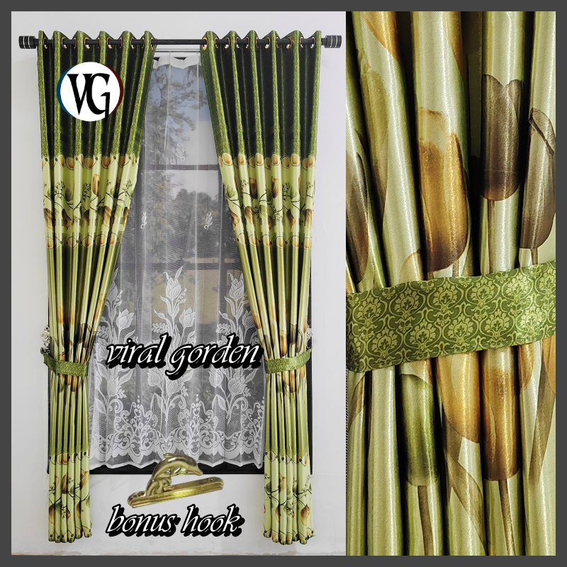 Gorden Pintu Minimalis Blackout Printing Motif Bunga Tulip hijau Model smokring Silver Tinggi 230 Cm