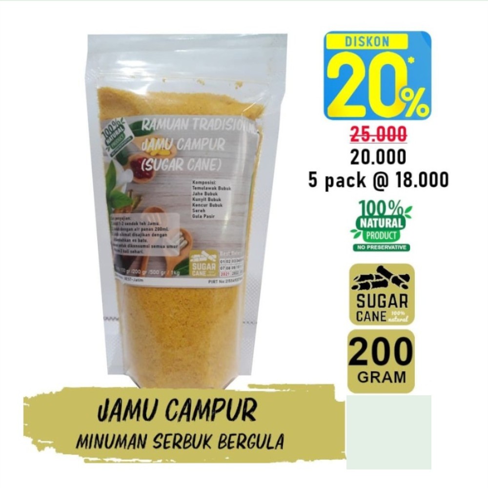 

Jamu Campur (Temulawak Jahe Kunir Dan Kunyit) Instan Tanpa Ampas 200 Gram