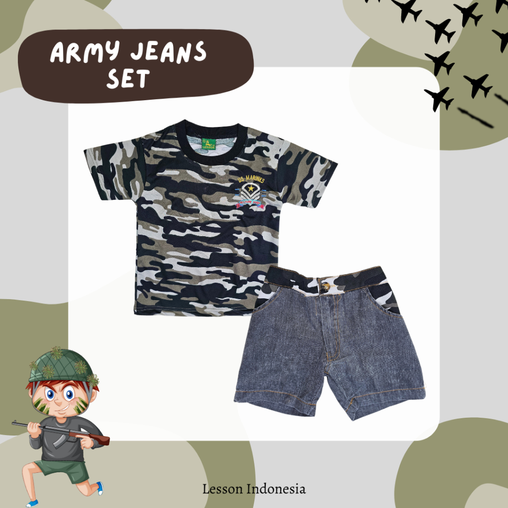 Setelan Anak Laki Laki Kaos Motif Army LESSON
