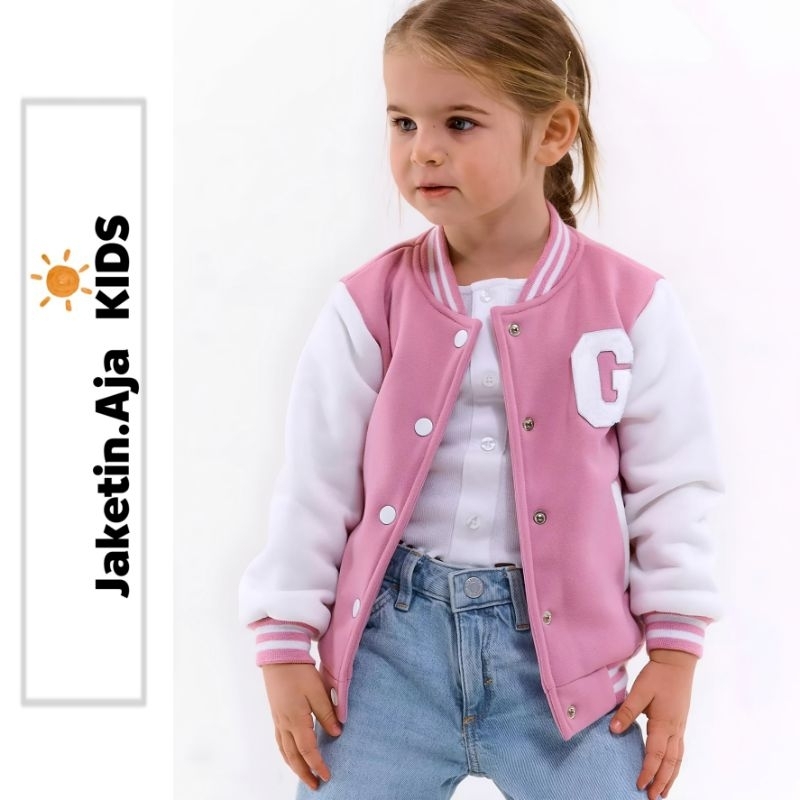Jaketin Aja - Jaket Varsity Baseball Anak Unisex (1 th - 18 th) LOGO INISIAL G ( BISA CUSTOM INISIAL