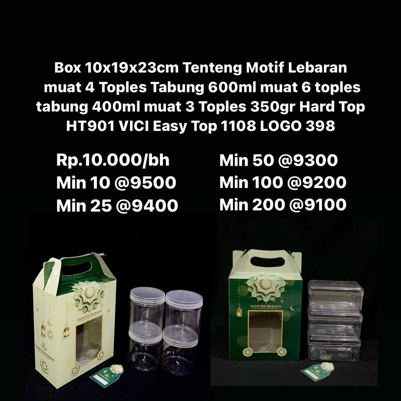 

Box 10x19x23cm Tenteng Motif Lebaran muat 4 Toples Tabung 600ml muat 6 toples tabung 400ml muat 3 Toples 350gr Hard Top HT901 VICI Easy Top 1108 LOGO 398