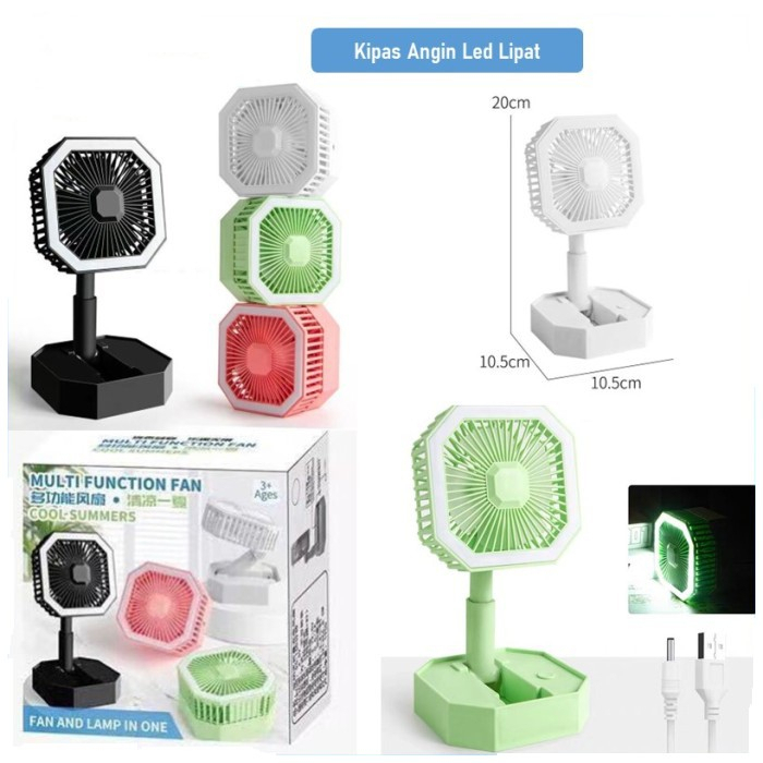 Kipas Lipat Bentuk Kotak Portable Fan Mini Fan Emergency Kipas angin Mini USB Charger Desk Fan Lampu