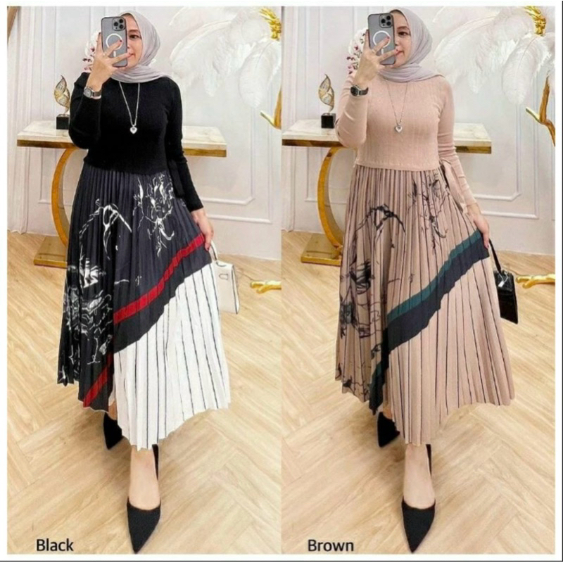 Busana wanita midi dress rajut knit plisket casual viral