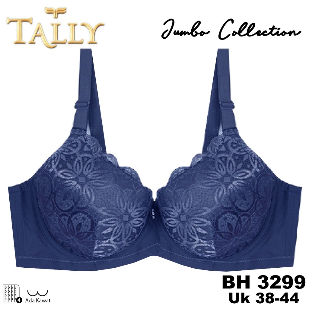 TALLY BH 3299 Bra JUMBO Ada Kawat Bahan Brokat Busa Tipis Cup D - E Kait 4 Cup Big Size Lembut dan N