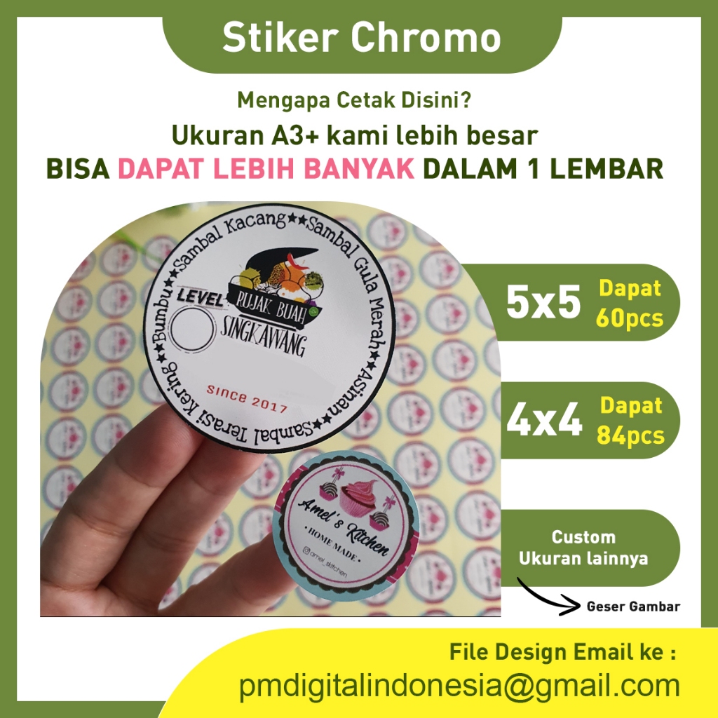 

semua print sticker/cetak stiker kromo chromo A3+ label kemasan produk kue/label nama makanan ringan/label bulat