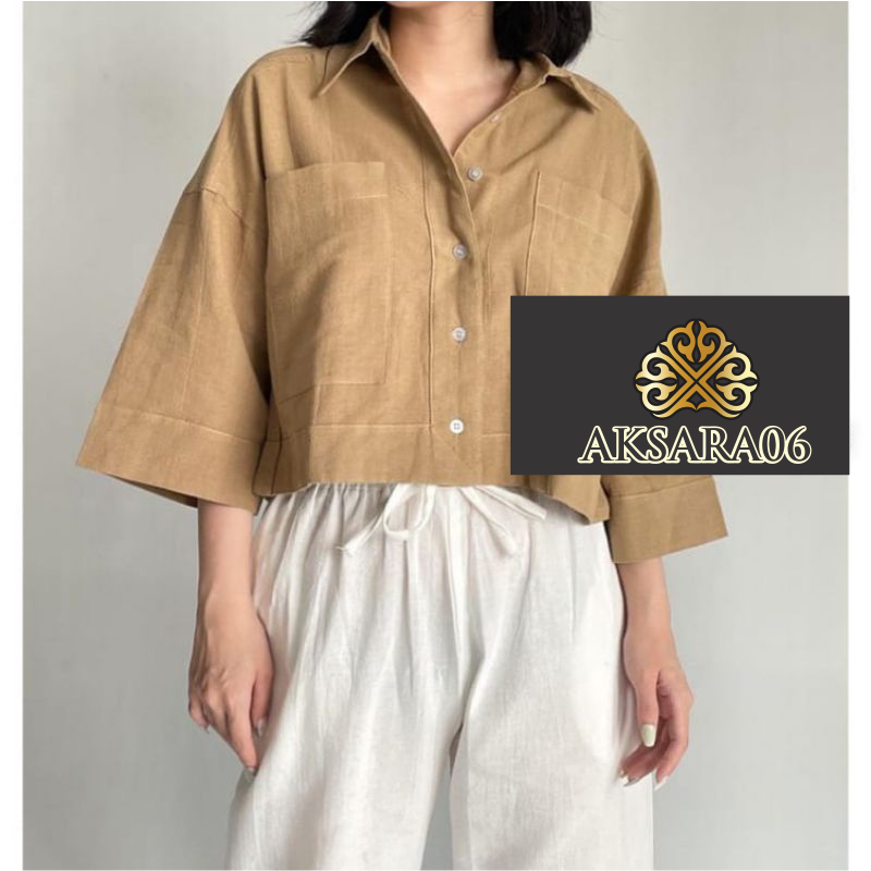Kemeja Crop Linen Pocket / Kemeja Outer Crop Linen / Oversized Shirt Linen / Atasan Wanita / Outer W