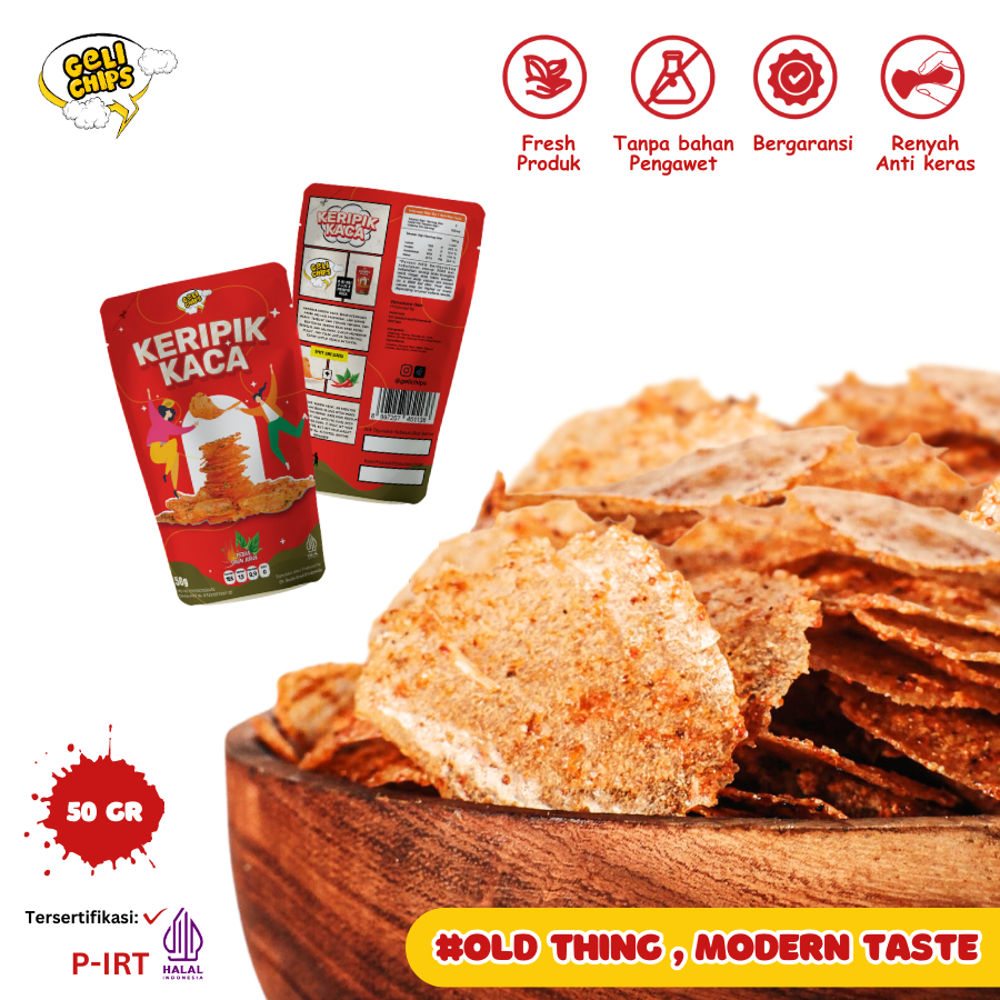 

Geli Chips - Keripik Kaca (Kripca) Pedas Daun Jeruk 50 gr