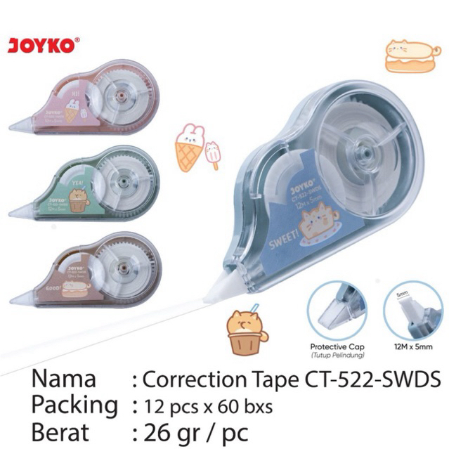 

( 1 pcs ) Correction Tape 12 meter CT 522 SWDS warna / Pita Koreksi Joyko Tipx CT-522-SWDS CT522SWDS Teddy