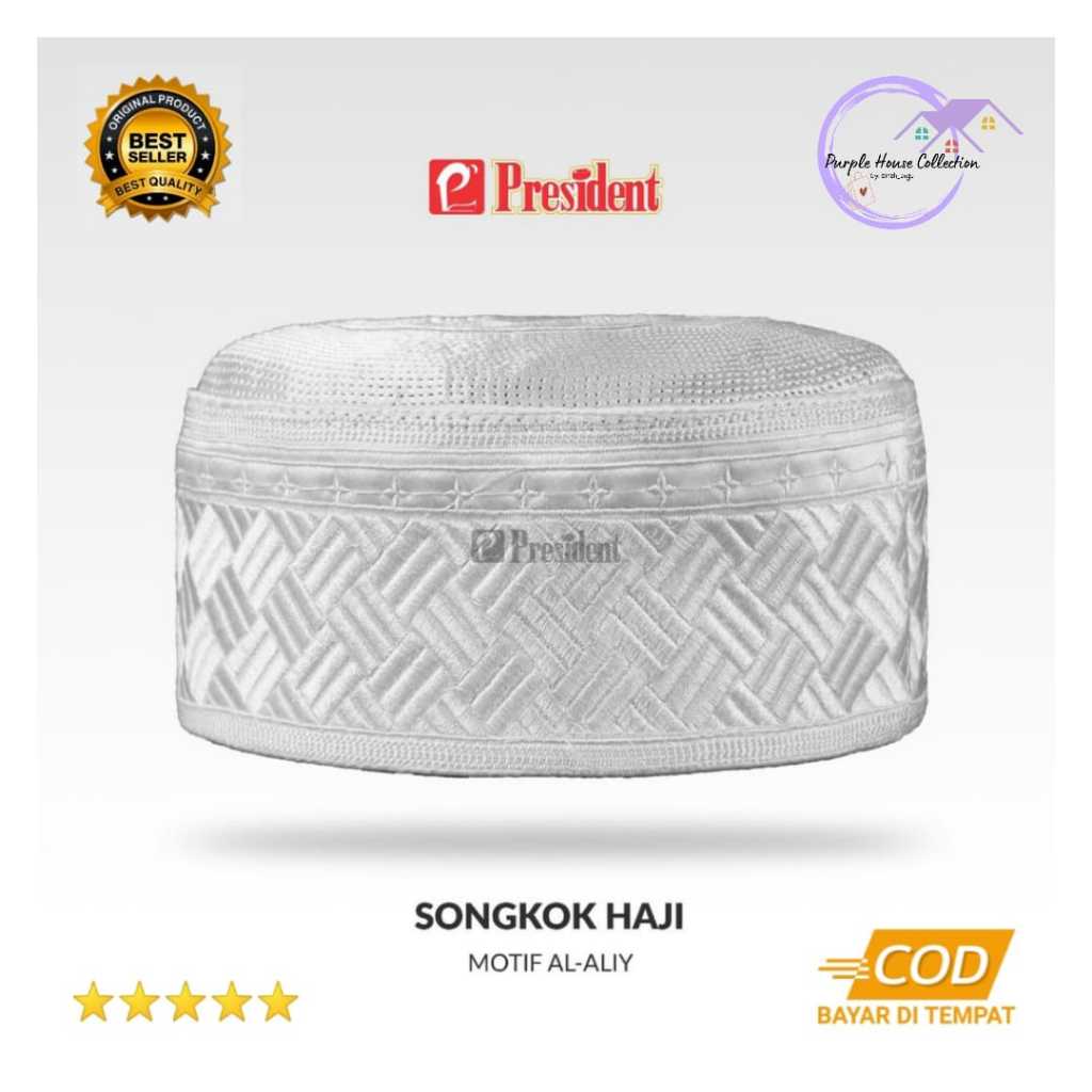 READY GROSIR DAN ECER PECI SONGKOK HAJI PUTIH MOTIF AL ALIY President Original Best Quality