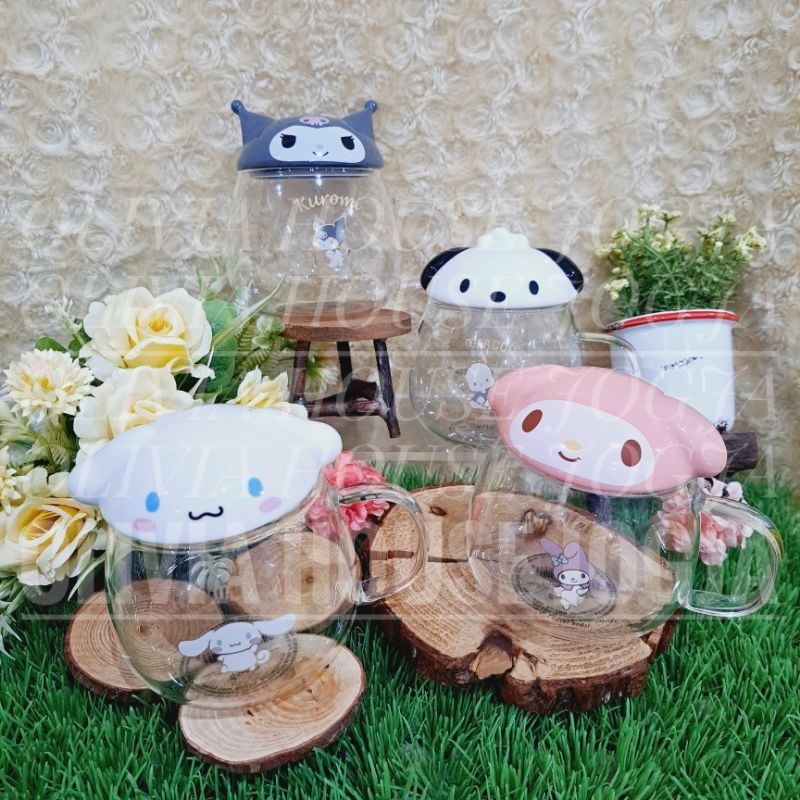 Mug Kaca Bening Cinnamoroll Kuromi Tutup Keramik 400ml Gelas Kaca Bening Pochacco My Melody 400ml