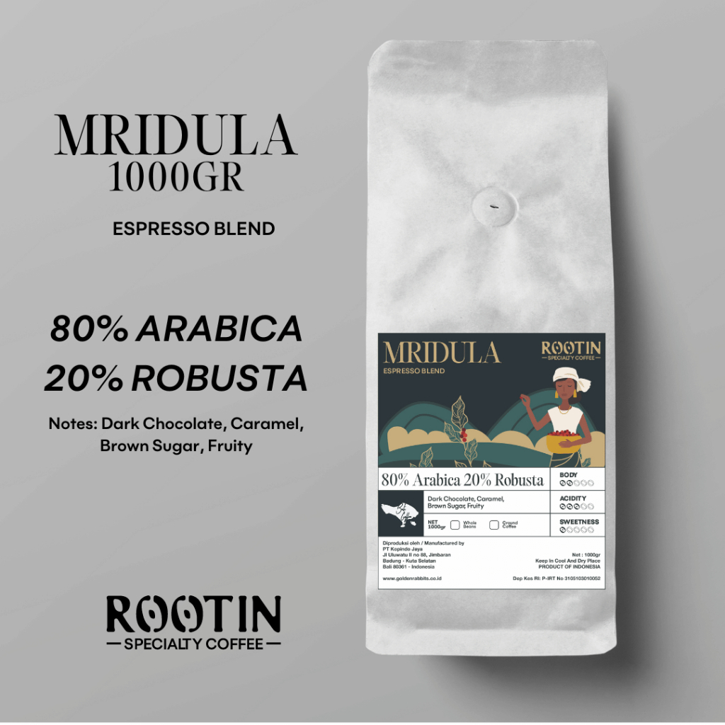 

KOPI MRIDULA ESPRESSO BLEND BIJI KOPI 80% ARABIKA 30% PEABERRY ROBUSTA GRADE 1 ROASTED BEANS - 1 KG