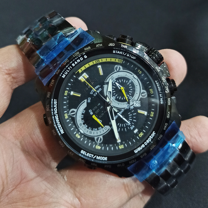 Jam Tangan Pria C*s*o ED*F*C* EQW-M710DC-1A EQW-M710 Wave Ceptor Pilots Chronograph Black Steel