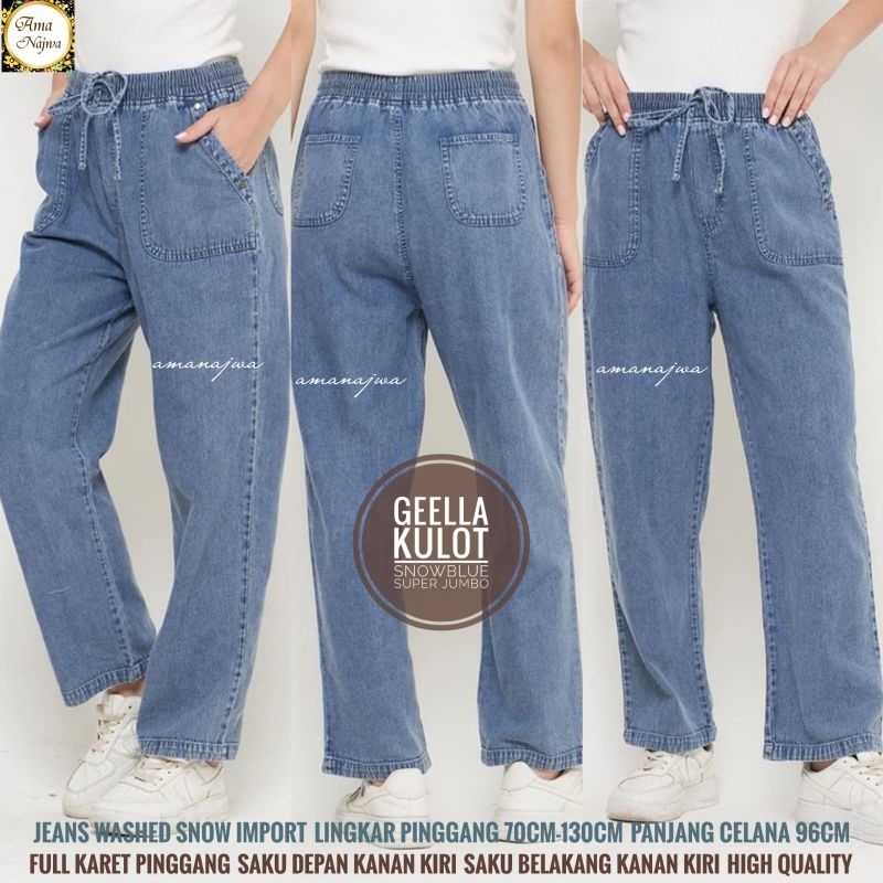 Geela Celana Kulot Polos Wanita Jeans Import Lp 70-130Jumbo Fit XXL Pinggang Karet By Amj