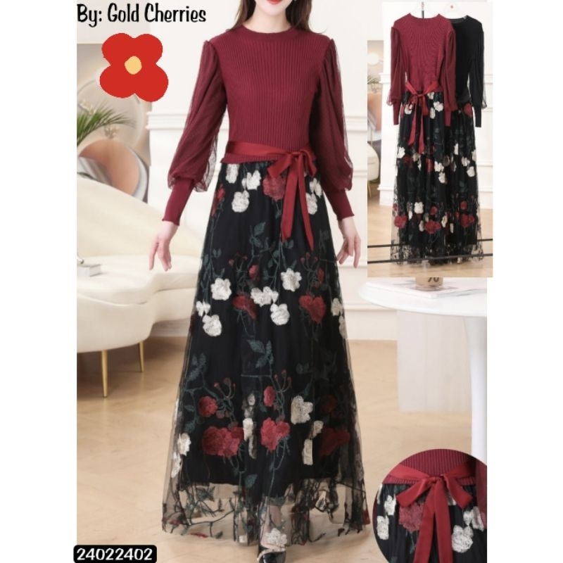 Maxi Dress Gamis Import Gold Cheries Maroon Hitam Roses (FCODI1227)