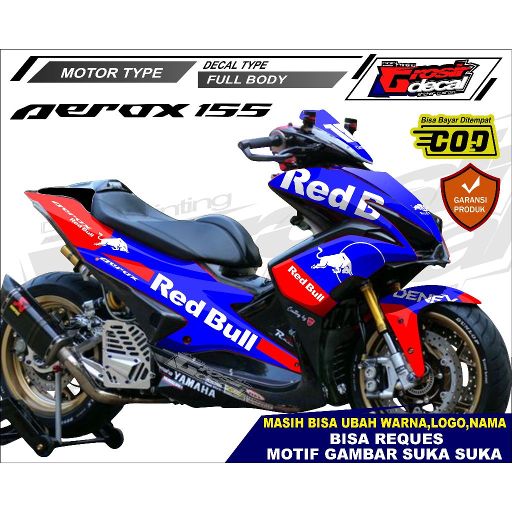 Sticker Decal Stiker Aerox 155 Redbull Full Body Fullblok Free Custom Stiker Aerox 155 Biru Full Bod