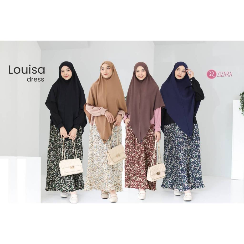 Louisa Dress Zizara Gamis Pesta Kombinasi Polos Motif Bunga Rok Plisket Terbaru