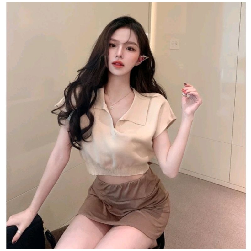 Top crop rajut/baju kerah polos wanita/crop kerah lengan pendek