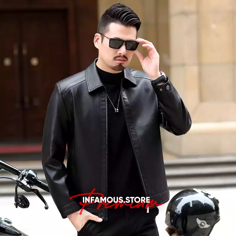 Jaket Kulit Pria Fashion Korea - Semi Kulit Hitam Coklat Elegant Streetwear