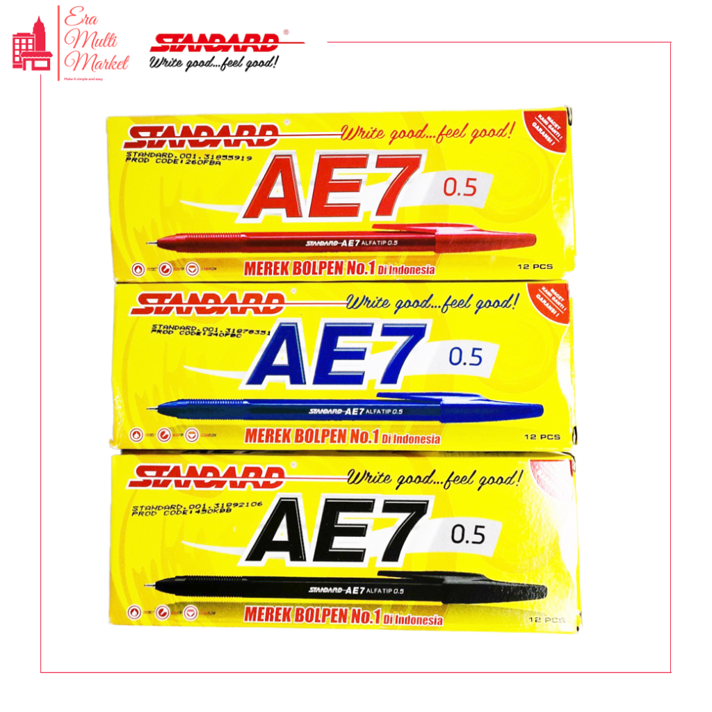 

Pena Standard AE7 0,50 mm / Pulpen 12 pcs Tinta Warna Hitam, Biru, dan Merah