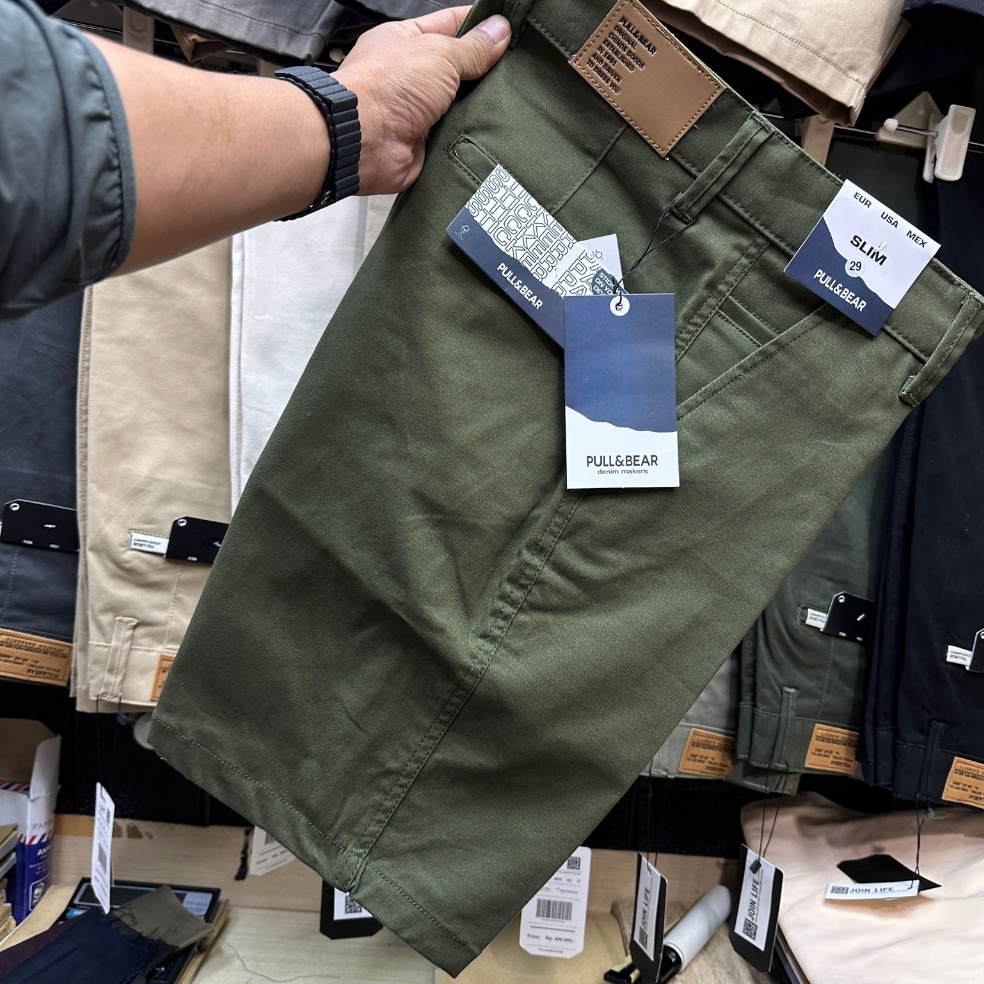 BED496 1212 MALL Celana Pendek Santai Pria Hijau Army Branded PULL AND BEAR