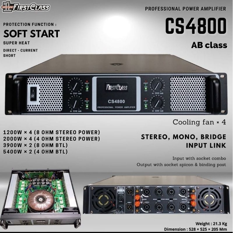 jual FIRSTCLASS CS4800 PROFESSIONAL POWER AMPLIFIER FIRSTCLASS 4 CHANNEL CLASS AB