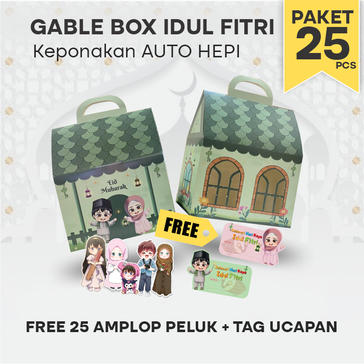 

Gable Box Hampers Lebaran 25pcs/ Motif Rumah Idul Fitri / Parcel Hari Raya Anak Keponakan (Paket 25pcs)