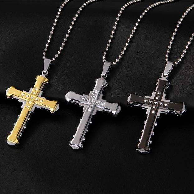 Kalung Salib Mata Kristal - Crystal Cross Necklace Silver Gold Black Pendant Chain / Liontin Salib E