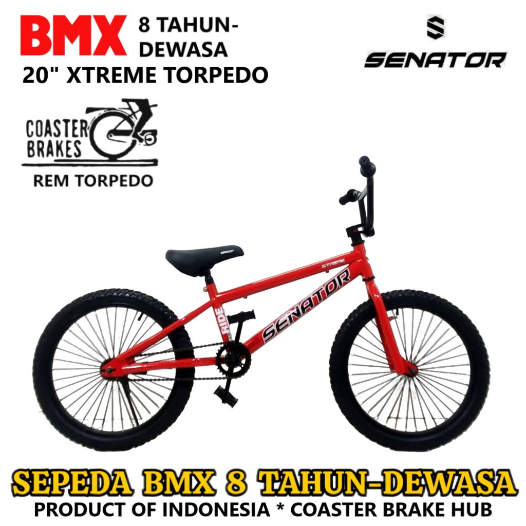 Senator Sepeda BMX Xtreme Torpedo 20 Inci Back Pedal Gear Ratio 28/16 Freestyle Anak 8 Tahun Dewasa