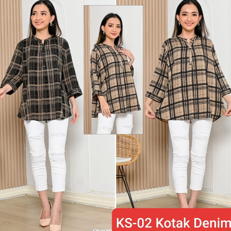 Diskon  KS2 Atasan Wanita Rayon Premium Kotak Shanghai 3 kancing Oversize LD11 LD12 Kemeja Wanita  K
