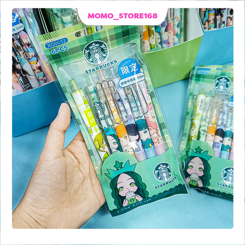 

(6PCS) pena sekolah kantor lucu, pe gel sanrio karakter starbucks tinta warna hitam ketebalan 0.5mm