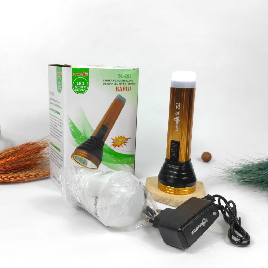 Senter Genggam Sunpro LED Super Terang SL-203 Free Bohlam LED Senter Tangan Isi Ulang 5W SL-203