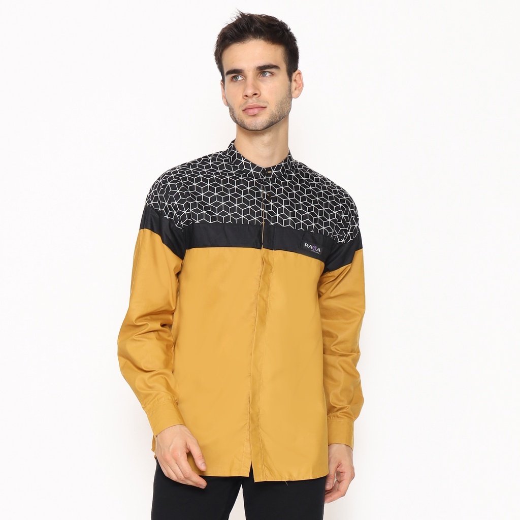 Baju Koko Pria Muslimen Motif Senopati Lengan Panjang Warna Mustard