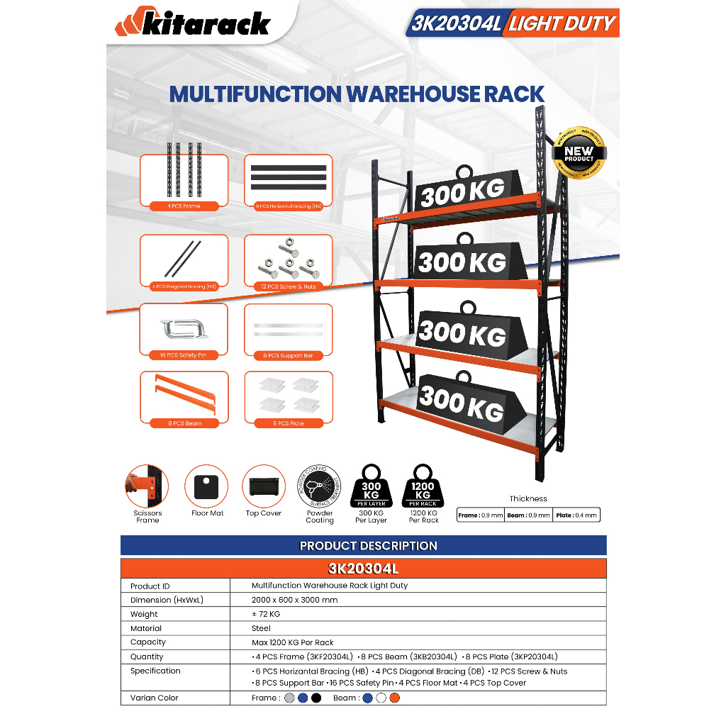 KITARACK STARTER 3K2030 4L 200x60x300cm 4 SUSUN 300KG/LAYER