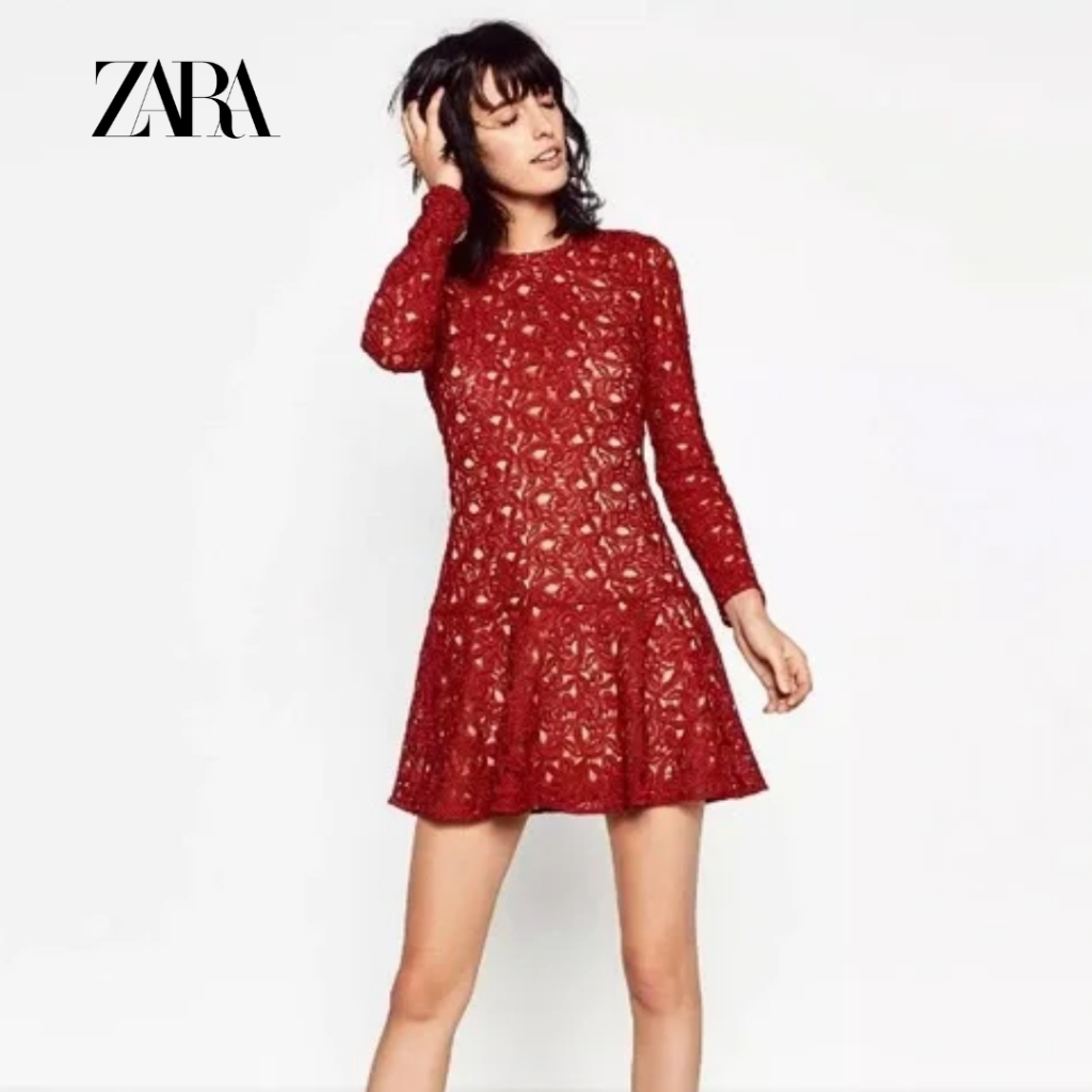SALE Zara Lace Dress Long Sleeve Burgundy/ Red [100% ORIGINAL]