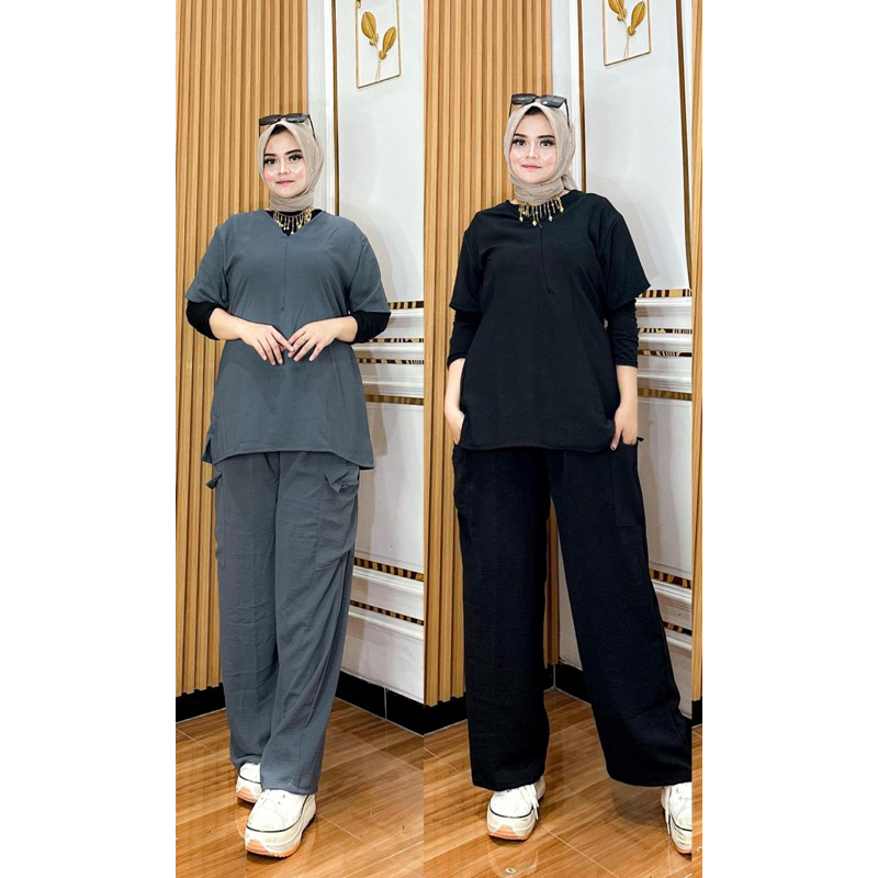 SETELAN CRINKLE WAN ONE SET BAJU WANITA DEWASA OOTD HIJAB KEKINIAN SETELAN LENGAN PENDEK CELANA PANJ