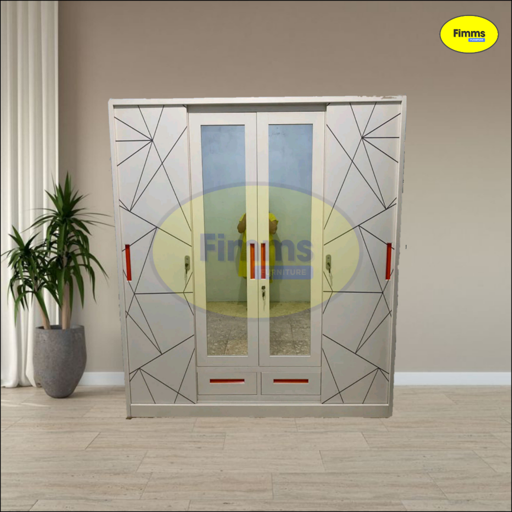 Lemari Baju Besi Sliding - Lemari Baju Besi 4 Pintu - Lemari Motif Garis - Lemari Baju Sliding - Lem