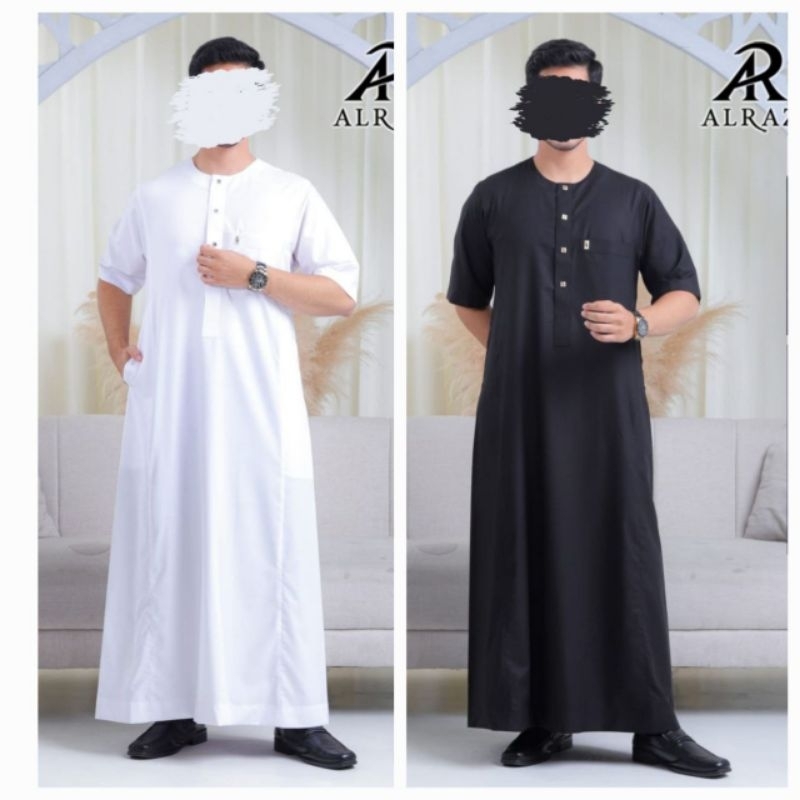 GAMIS/JUBAH ALRAZ/ALRAZ KATUN PUTIH DAN HITAM/ALRAZ OBLONG /MODEL JUBAH IKAF/LENGAN PENDEK/MODEL AN 