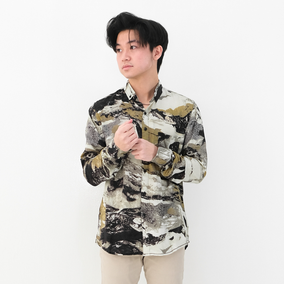 Kemeja Hawaiian Printing Lengan Panjang Slimfit Katun Rayon Premium Motif ( Marble ) | Pria