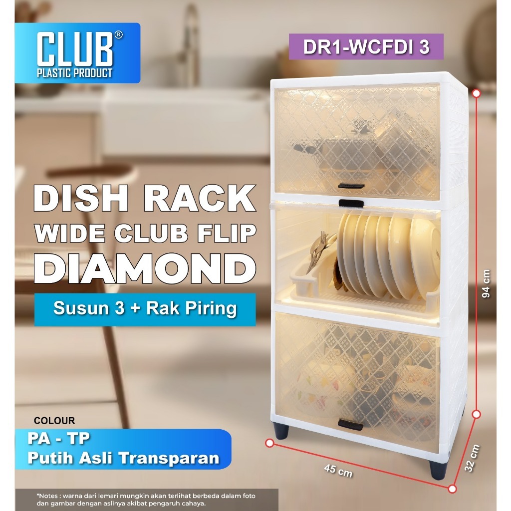 Dish Rack Wide Club Flip Diamond Susun 3 - Lemari Piring Rak Dapur Plastik Dengan Rak Piring - Lemar