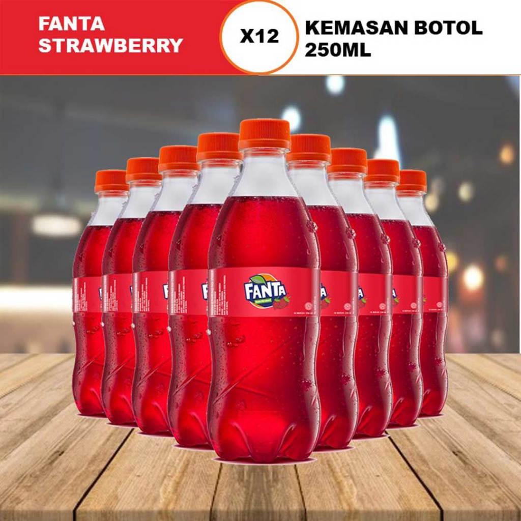 

Fanta Strawberry 1 Dus Isi 12 pcs | Minuman Soda Rasa Stroberi Botol 250 ml
