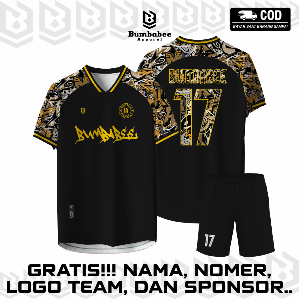 Jersey Futsal Custom Bumbabee Setelan Full Printing Nama Nomor Logo Gratis Jersey Bola Hitam Gold V 