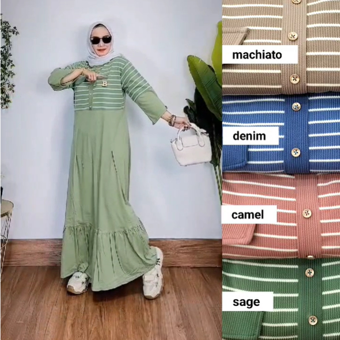 Aa_Baju Midi Dres Dress Gamis Motif Garis Warna Soft Bahan Knit Model Terbaru Ukuran All Size Adem Termurah / Midi Dres Knit Terbaru / Baju Kaftan Dres Gamis Lebaran Terbaru / Kaftan Midi Dres kekinian