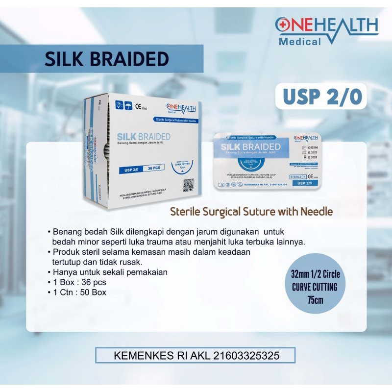 Silk Braided Onehealth 2/0 3/0 With Needle / Without Needle / Benang Jahit Luka Dengan Jarum / Tanpa