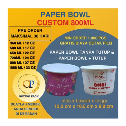 Paper Bowl Custom Printing 800ml (27 oz) / Paper Bowl Sablon 800ml (27oz) / Paper Bowl Custom Cetak 