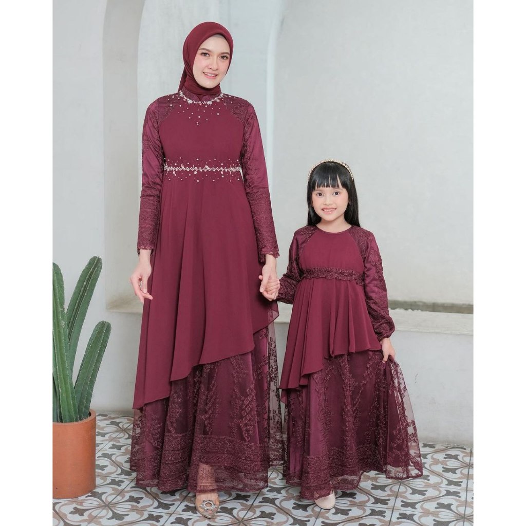 (Akita Raya Series-Set Couple Family Rena Burgundy) Dress Wanita & Koko Pria Dewasa Kualitas Premium