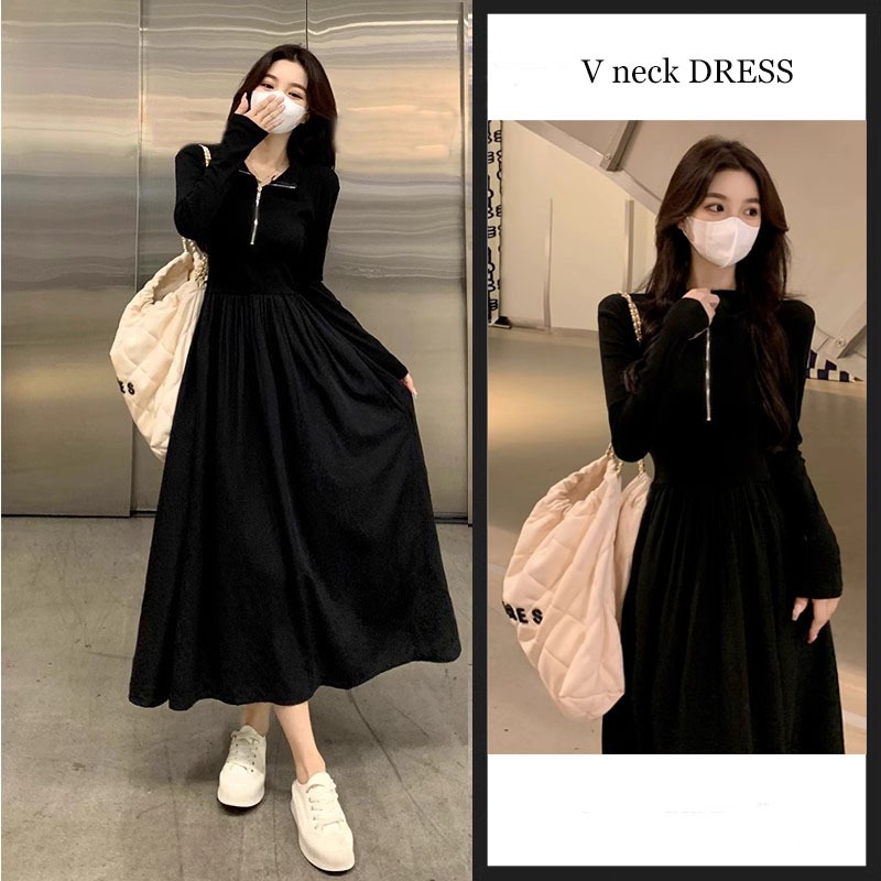 V Neck Long Sleeve Pleated Midi Dress/inner Dress Long Dress A line Polos/dress korean style wanita 