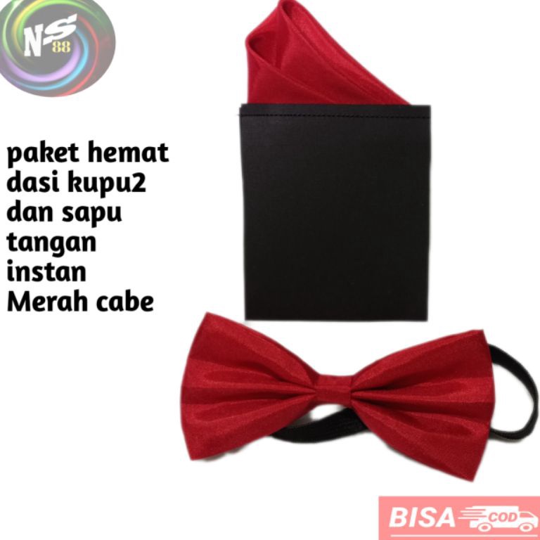 RKS269 MEGA SALE paket hemat sapu tangan jas pocket dan dasi kupu kupu merah cabe