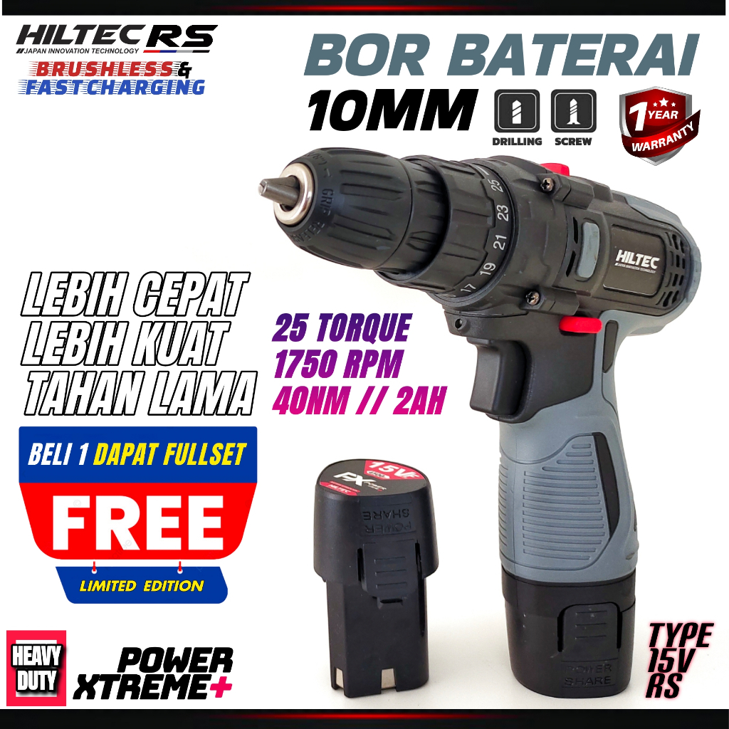 Mesin Bor Baterai Cordless drill 15V HILTEC 15 VOLT Fullset Aksesoris besi kayu tembok PROMO