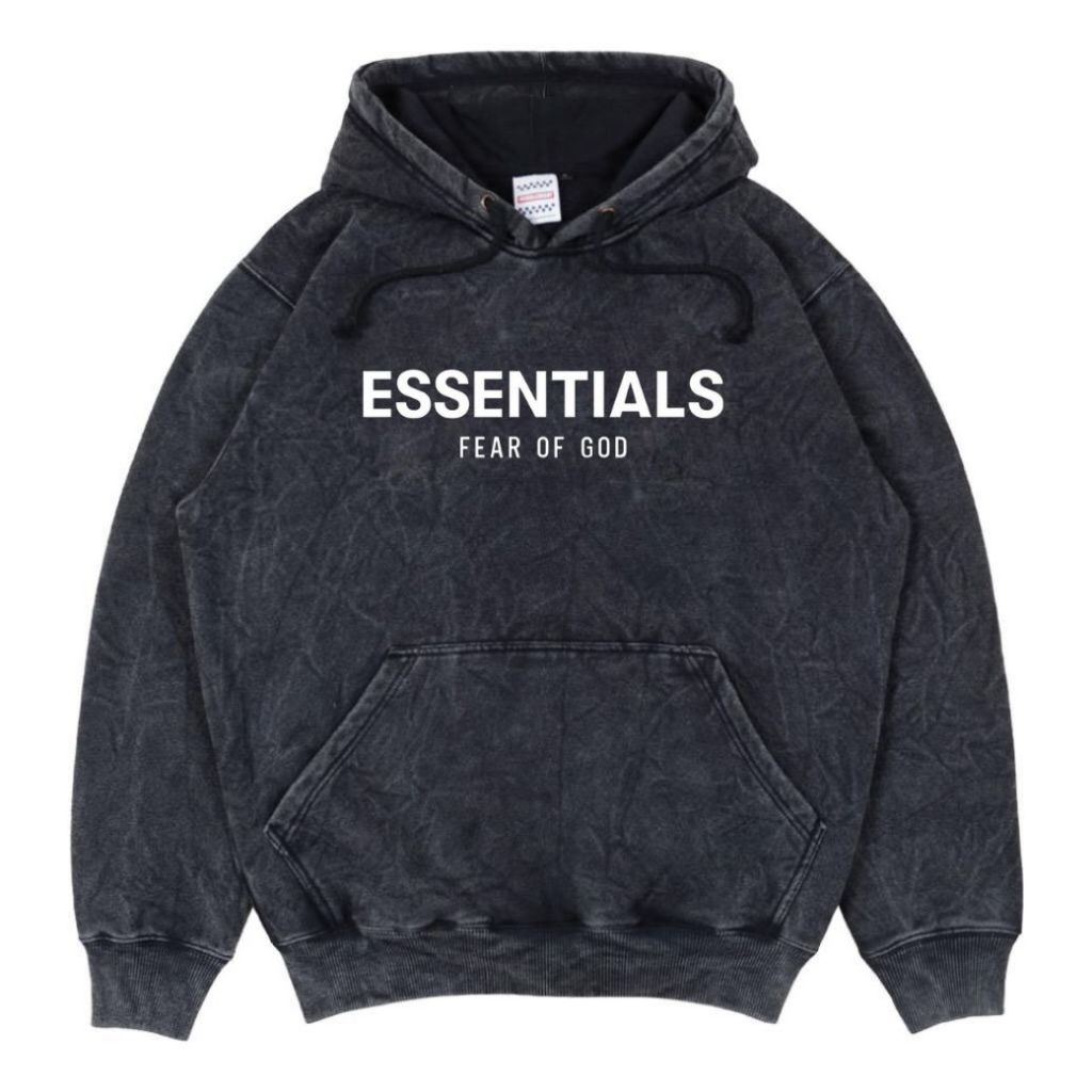 ESSENTIALS Washed Hoodie Pullover Unisex Sandwash Black M.L.XL.XXL Katun Plecce Tebal Original DIstr